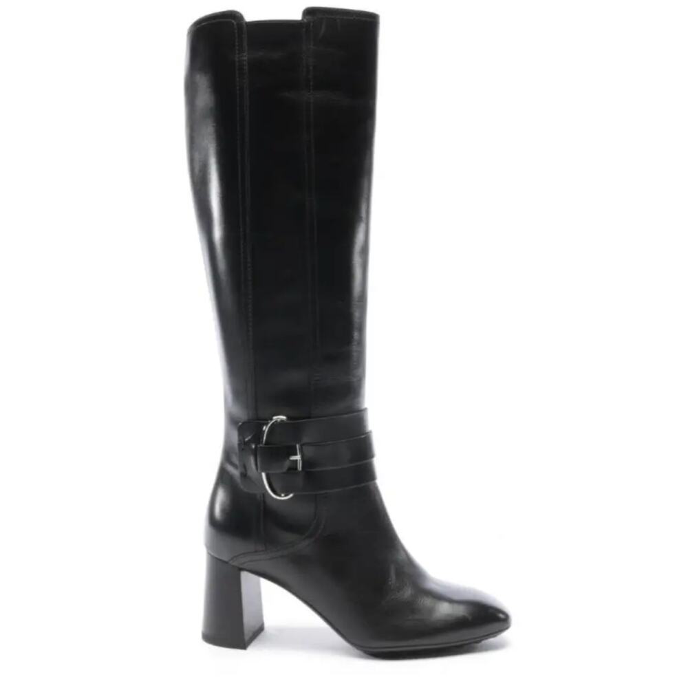 Tod's Women's 38 1/2 Boots Black Leather Tall‎ Block Heeled Equestrian style NWB